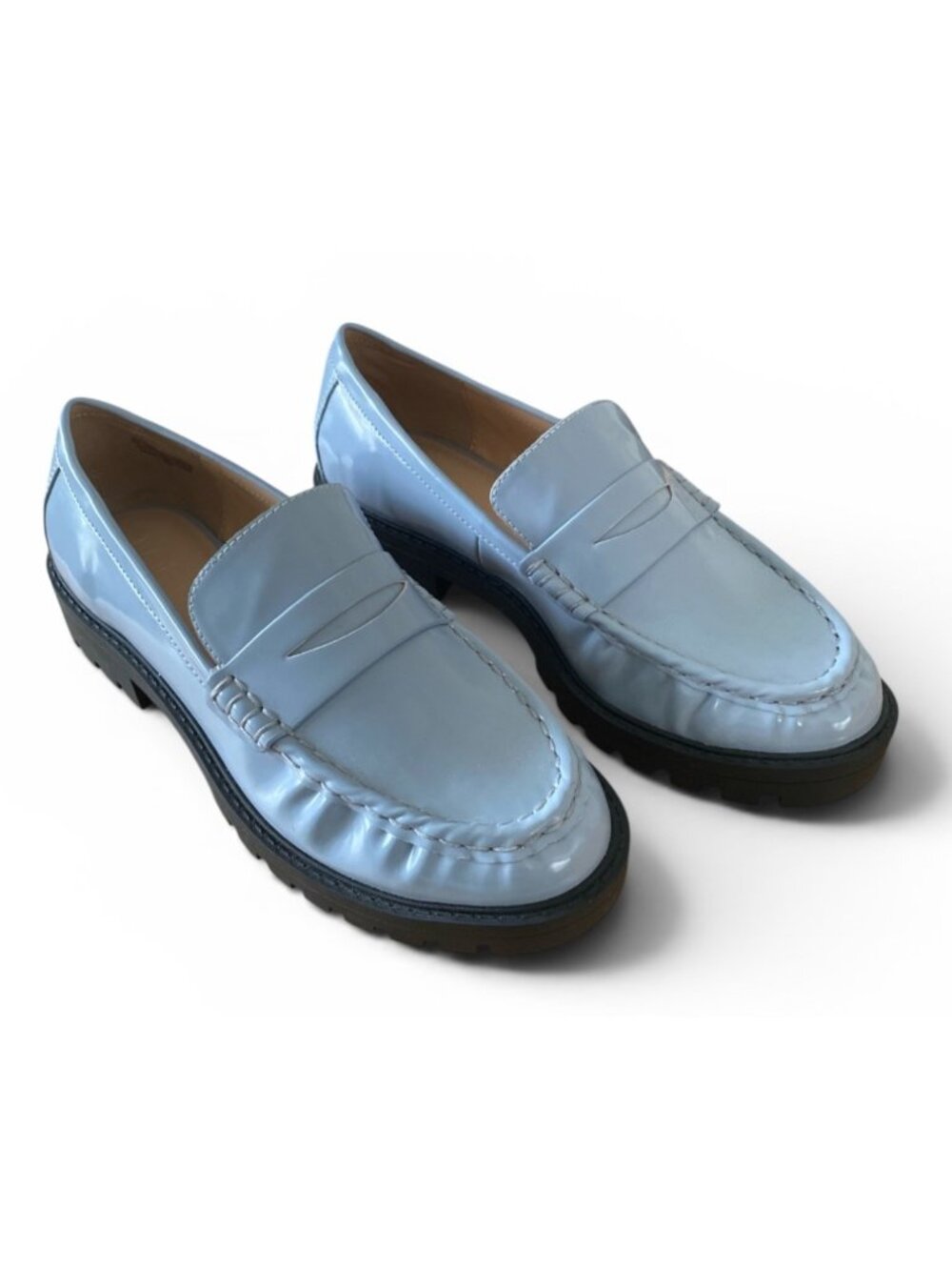 Loft Ann Taylor Lug Loafers Faux Patent Leather Size 7M Rainwashed Blue New With